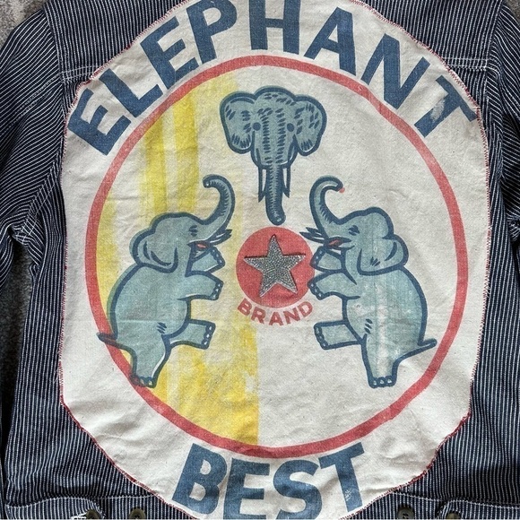 Pinstripe Navy Stretch Jean Jacket w/ Embroidery & Elephant Flour Sack Applique - Picture 5 of 7